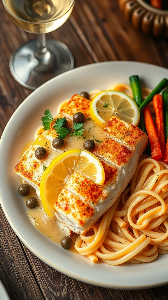 Plated lemon herb cod piccata with capers, garnished with parsley and lemon, served with pasta and vegetables.